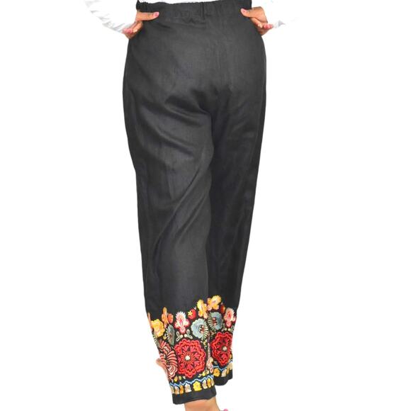 Black Linen Pant Embroidery Border Hem Floral Elastic High Waist Straight Medium - Picture 3 of 14